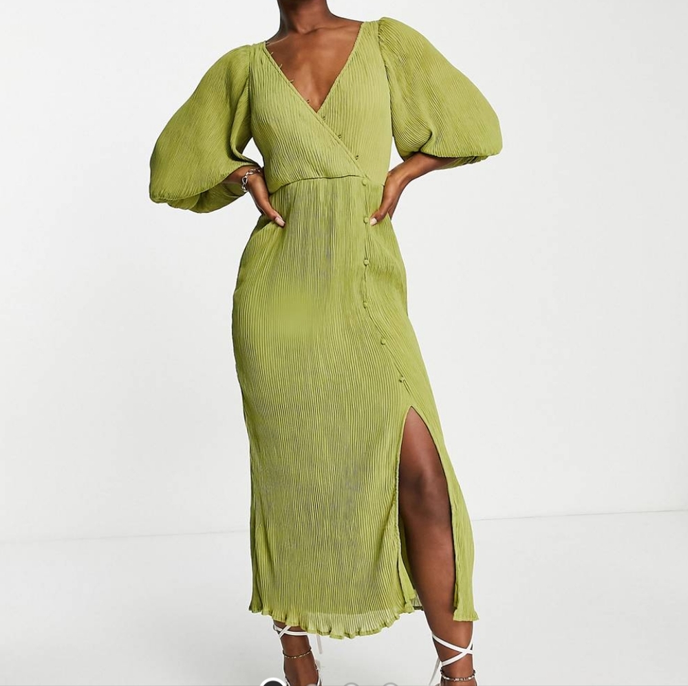 ASOS Olive Green Pleated Midi Dress with Balloon Sleeves